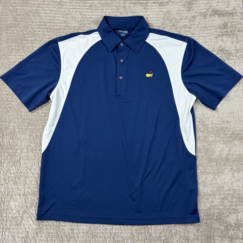 Masters Tech Shirt Size Large Blue White Short Sleeve‎ Polo Performance Golf